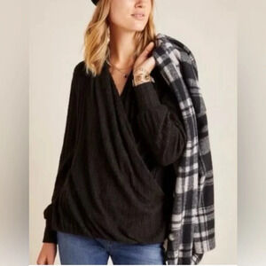 Anthropologie Maeve Rafela Hacci Surplice Top Sweater Charcoal Gray- Size Medium